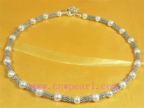 white potato pearl whit alloyn beads freshwater pearl necklace